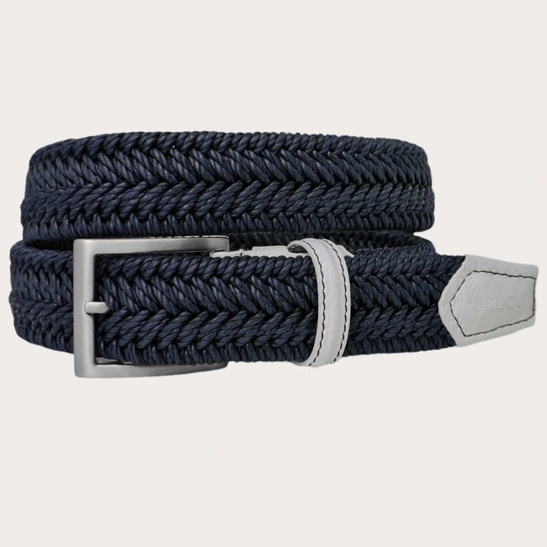 Ceinture élastique tressée bleue avec cuir blanche