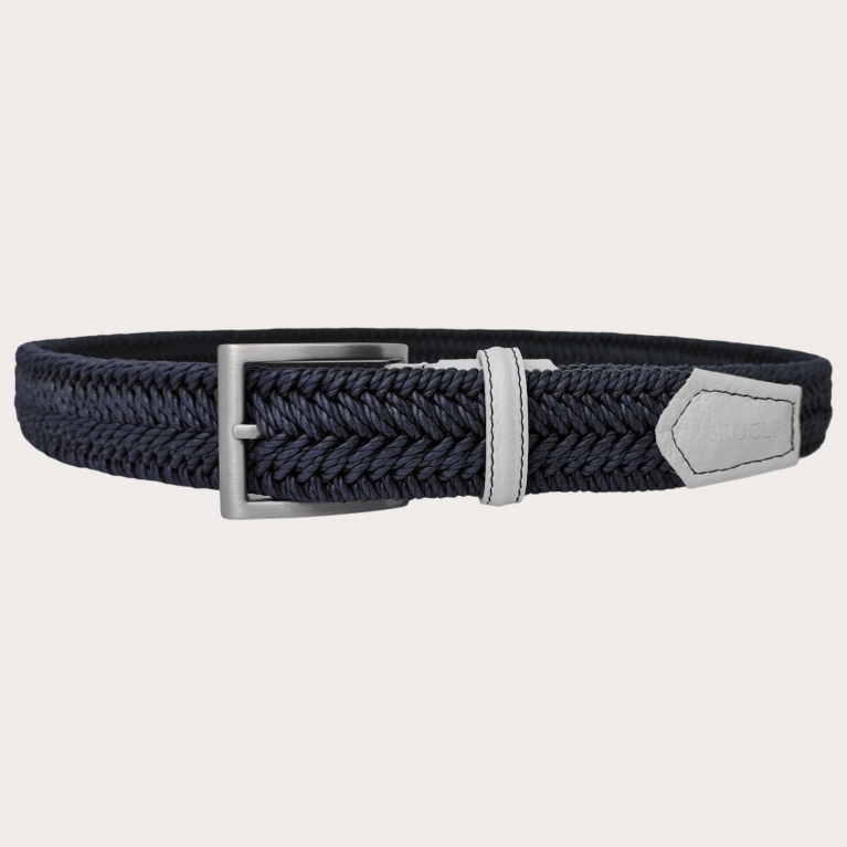 Ceinture élastique tressée bleue avec cuir blanche