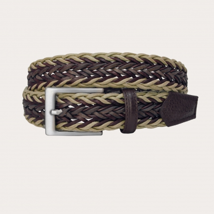 Braided cotton and leather belt, beige and brown