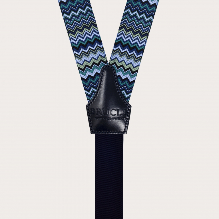 Formal Y-shape suspenders with braid runners, blue with wave pattern